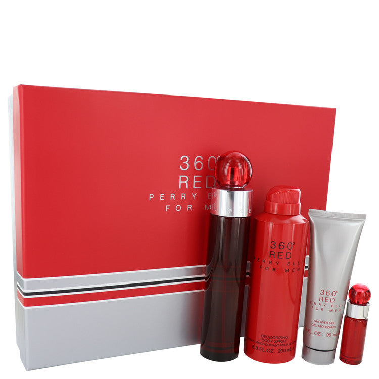 Perry Ellis 360 Red by Perry Ellis Gift Set -- 3.4 oz Eau De Toilette Spray + .25 oz Mini EDT Spray + 6.8 oz Body Spray + 3 oz Shower Gel for Men
